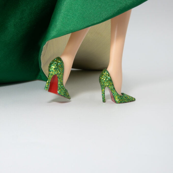 Glittery Green And Gold Pumps With Red Soles For Barbie