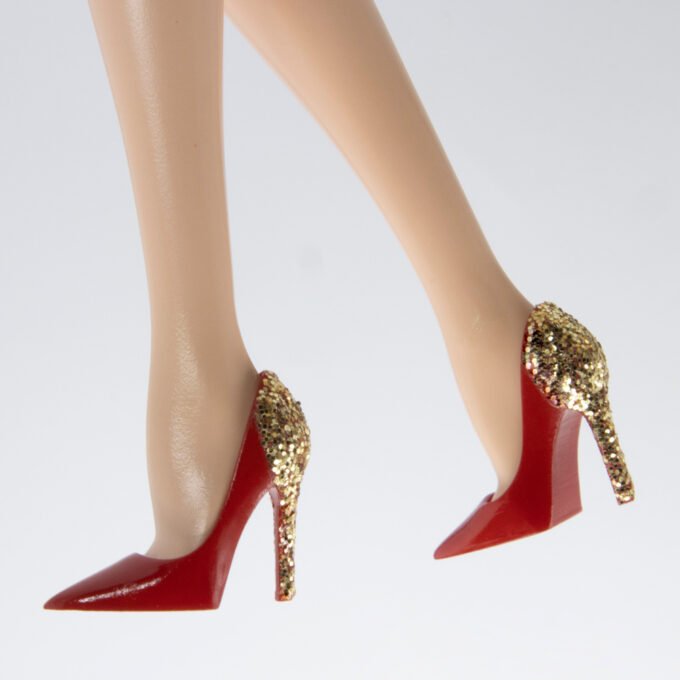 Red Pumps With Glittery Golden Heels For Barbie