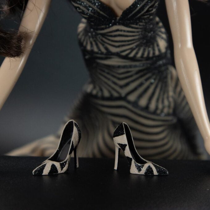 Geometric Beige Classic Pumps With Black Glitter For Barbie