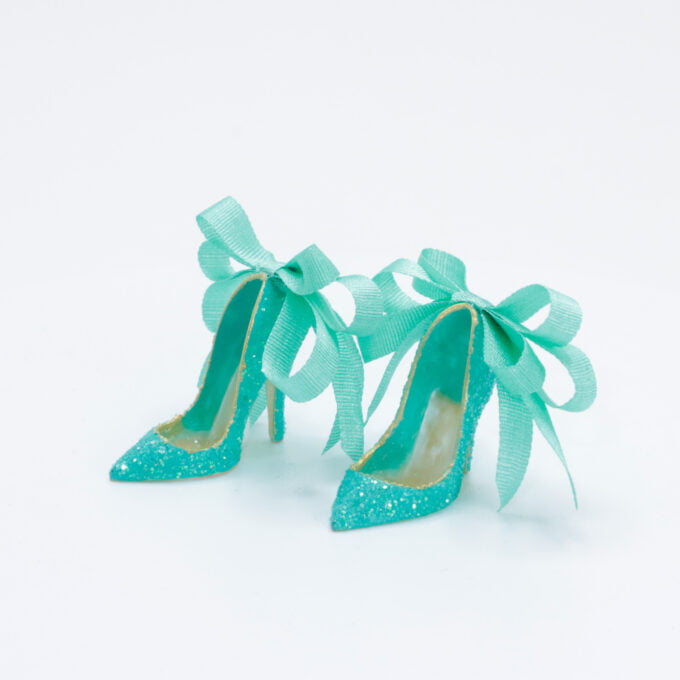 Turquoise Glitter Low Cut Pumps With Silk Bows